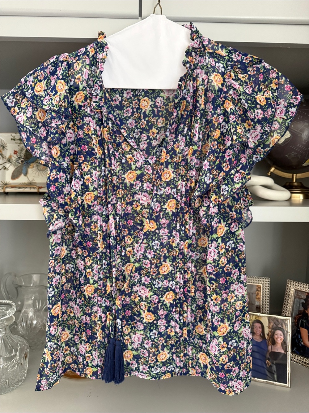 Listicle Navy Floral Tassel Peasant Blouse